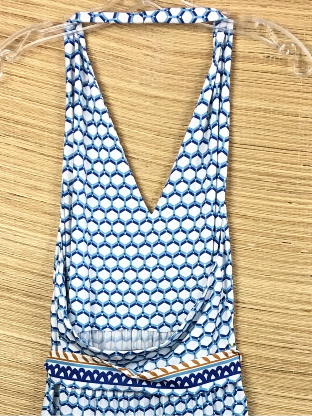 Le Superbe Halter Pleated Maxi Dress Belted In Santorini Dream (White & Blue) M - Picture 8 of 13